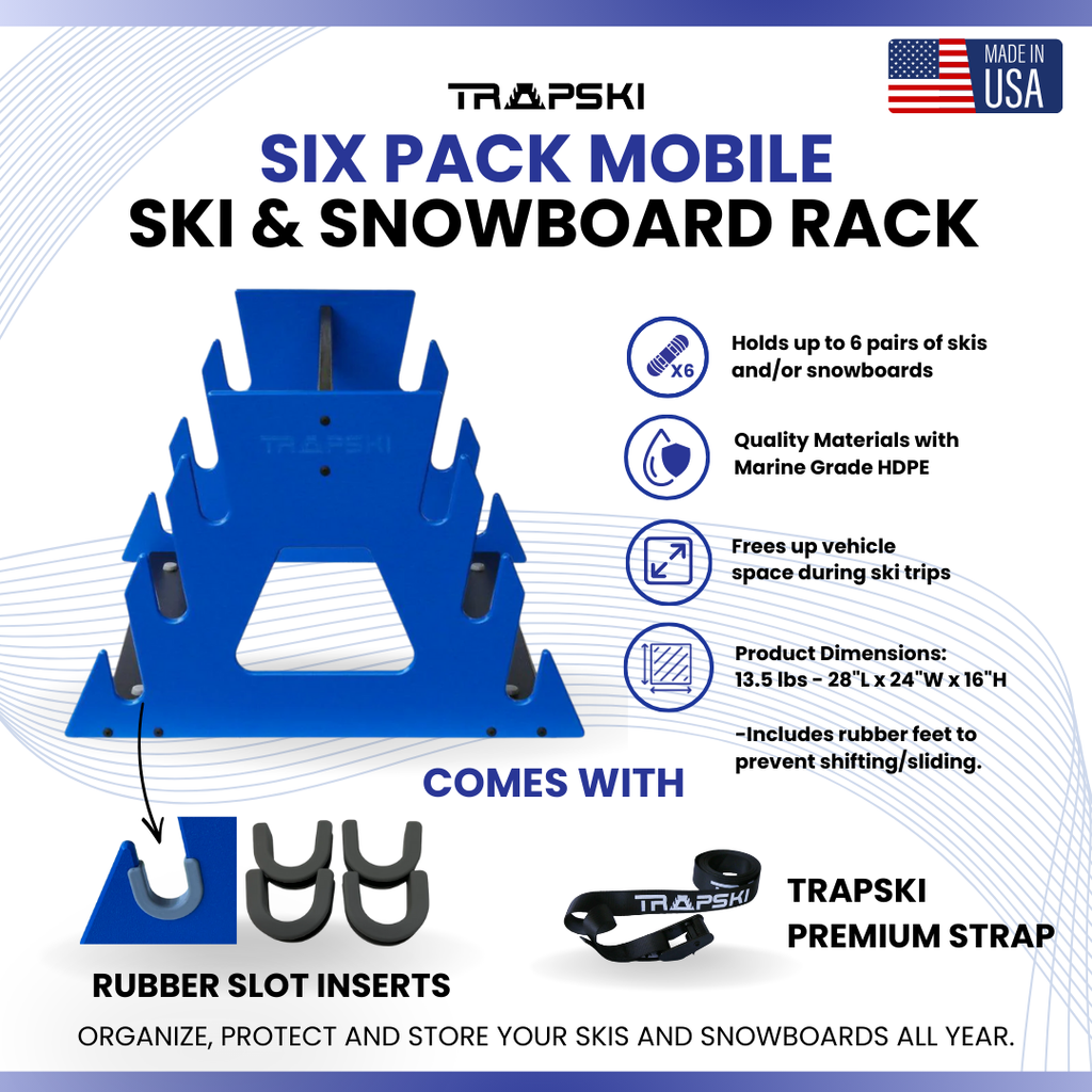 PRE-ORDER Special Edition White/Blue: TRAPSKI All Mountain/Race/XC Ski and Standard Stance Snowboard Rack