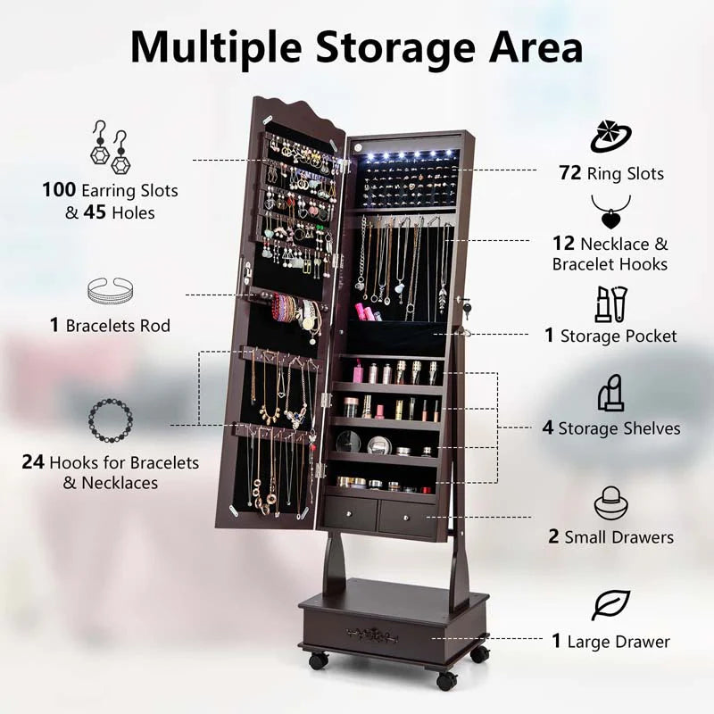 Standing Jewelry Armoire with Full-Length Mirror, Drawers, Lights & Wheels, Lockable Mirror Jewelry Cabinet Storage Organizer