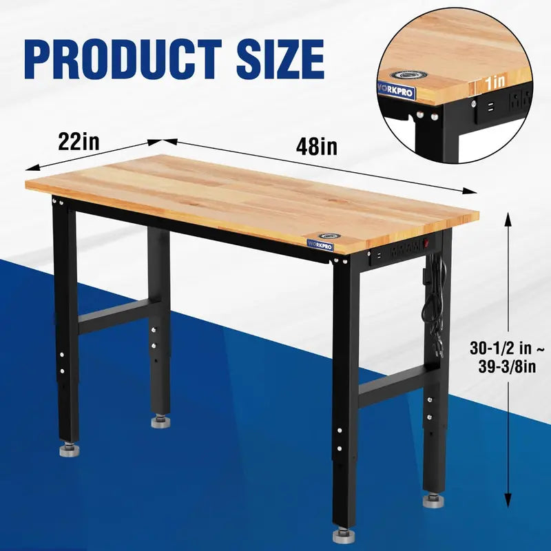 WORKPRO 48â€?x 22â€?Heavy-Duty Adjustable Workbench â€?1500-LB Load, Hardwood Surface