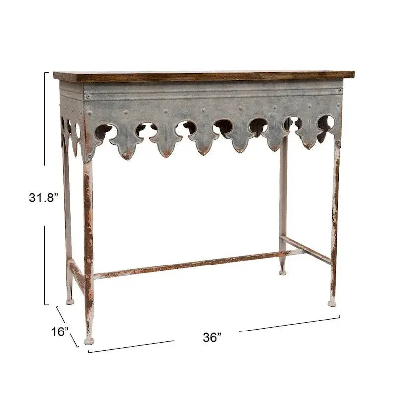 Zinc-Finished Scalloped Edge Sofa Table â€?Wood-and-Metal Accent Piece