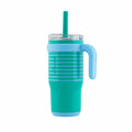 Reduce Vacuum Insulated Stainless Steel Coldee Mug with Lid and Spill-Proof Straw, Teal Stripes, 18 oz.