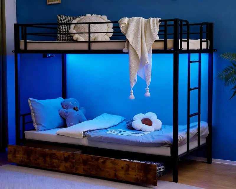 VINGLI Twin-over-Twin LED Bunk Bed â€?Non-Slip Ladder, Full-Length Guardrail, Modern Metal Frame