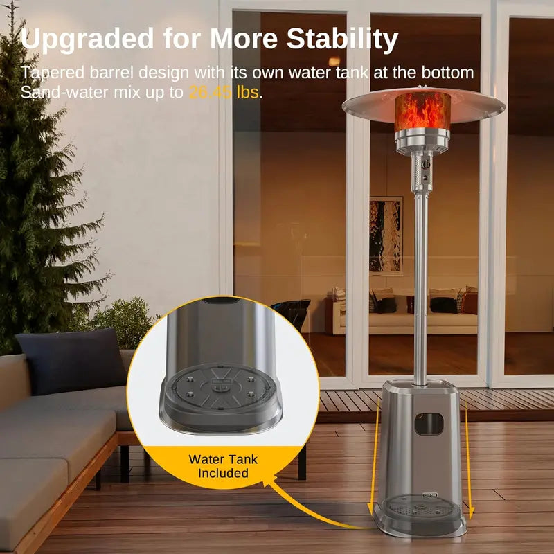 Stainless Steel Patio Heater with Table Design, 50,000 BTU, Safety System, Wheels, for Home & Commercial Use