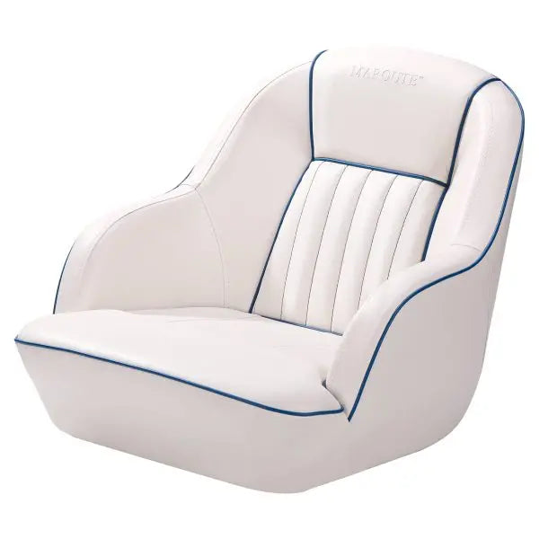 White & Blue Captains Bucket Pontoon Boat Seat â€?Fold-Back Backrest, Marine-Grade Cabin Seating