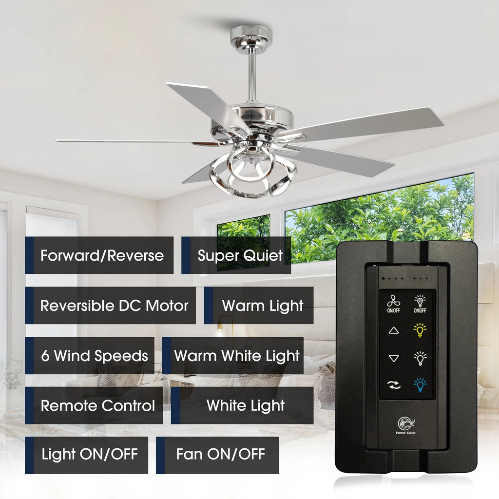 Parrot Uncle 52 - Inch Contemporary Chrome Ceiling Fan with Integrated LED Lights and Remote Control