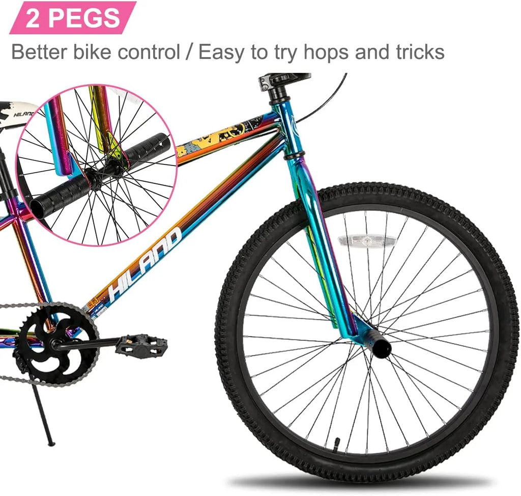 Hiland BMX BIKE 24 & 26 in, Beginner - Level to Advanced Riders with 2 Pegs for Adults, Multiple Colors