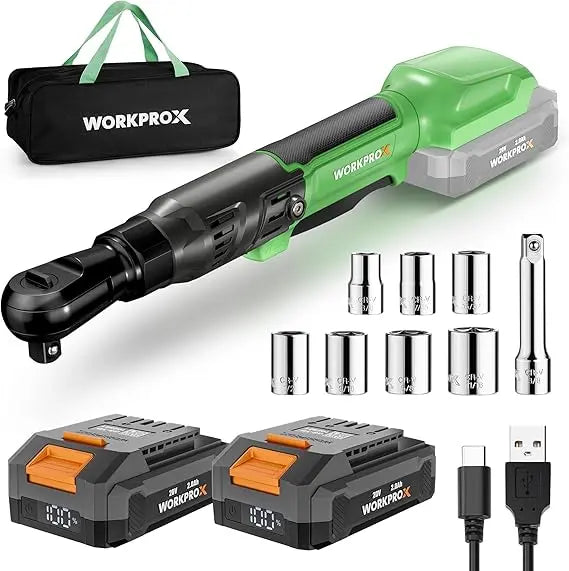 WORKPROX 20V Dual-Socket Cordless Ratchet Wrench Kit â€?1/2â€?& 3/8â€?Drive, 74 Ft-Lbs Torque, Includes Two Batteries