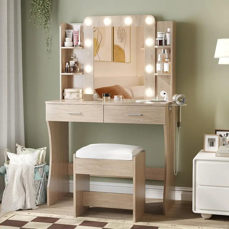Vabches Power-Enabled Vanity Desk Set â€?Lighted Mirror, Built-in Surge Protector, and Dressing Table Combo