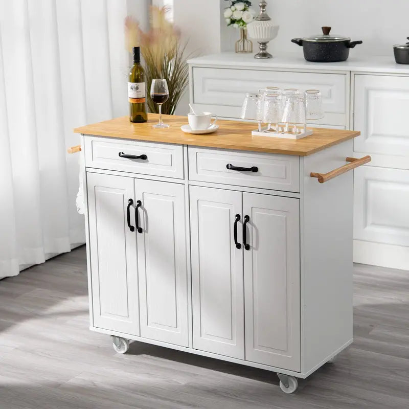 White Rolling Kitchen Island Cart with Storage â€?Wooden Countertop, 2 Drawers, 4 Cabinets, Towel Racks & Adjustable Shelves