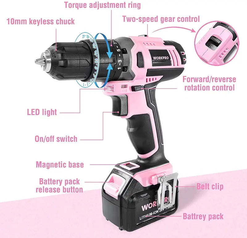 WORKPRO 20V Pink Lithium-Ion Cordless Drill Driver Kit â€?Pink Ribbon Edition