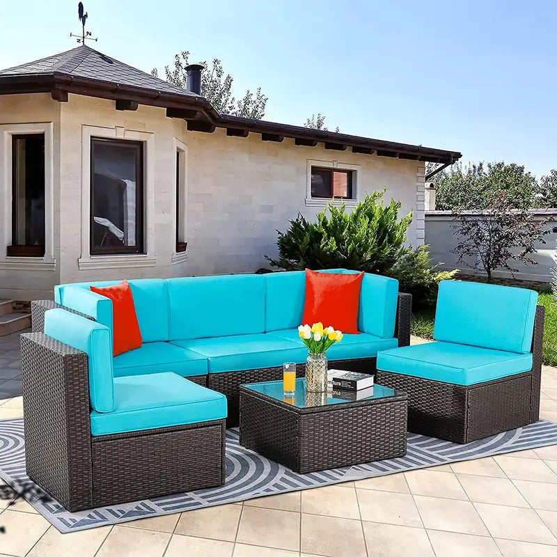 Vongrasig 5-Piece All-Weather PE Rattan Sectional with Ottoman & Glass Coffee Table