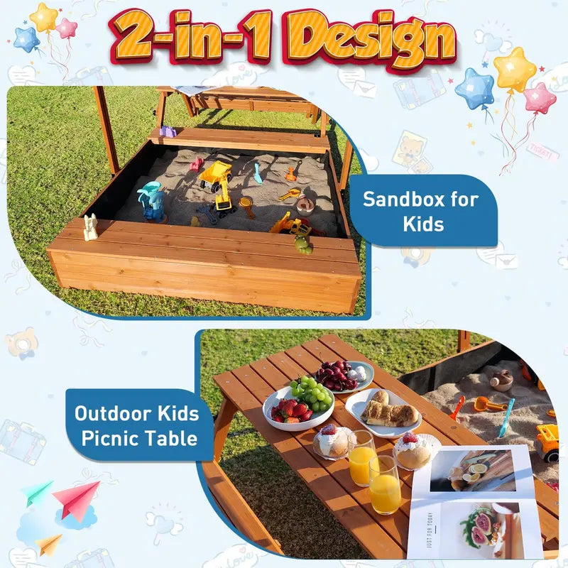 Wooden Outdoor Sandbox with Lid & Picnic Table â€?Foldable Sandpit with Protective Cover
