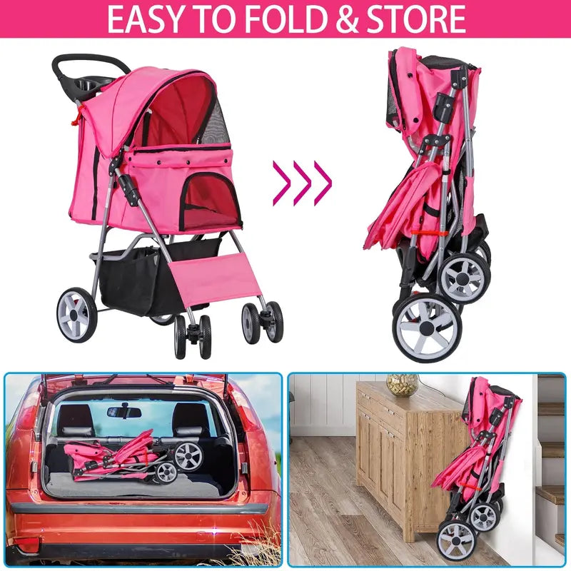 ZENY 4 Wheel Foldable Dog Pet Stroller â€?Pink