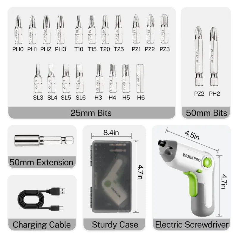 WORKPRO 3.6V White Cordless Screwdriver Kit â€?Rechargeable Driver with 25 Accessories and Durable Carry Case