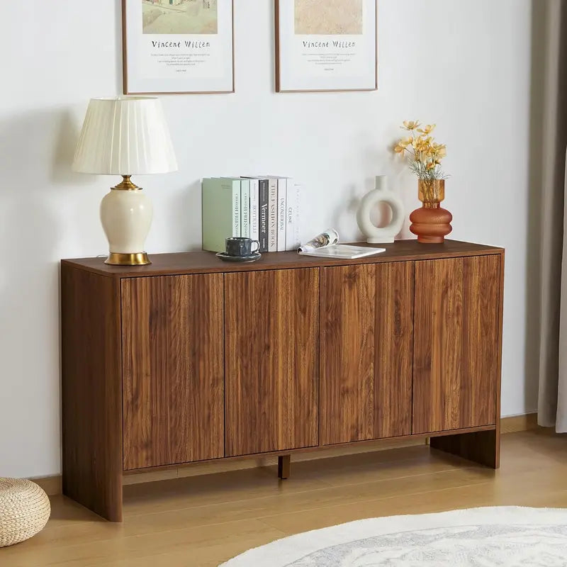 Walnut-Finish Modern Credenza â€?Fluted-Door Sideboard Buffet Cabinet for Kitchen, Dining or Entryway Spaces