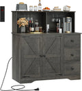 White Farmhouse Coffee Bar Buffet â€?Dual-Door Cabinet with Power Outlets, Glass Holder & 3 Drawers