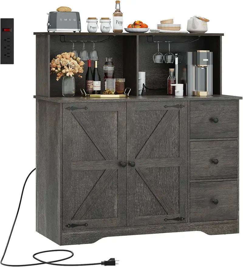 White Farmhouse Coffee Bar Buffet â€?Dual-Door Cabinet with Power Outlets, Glass Holder & 3 Drawers
