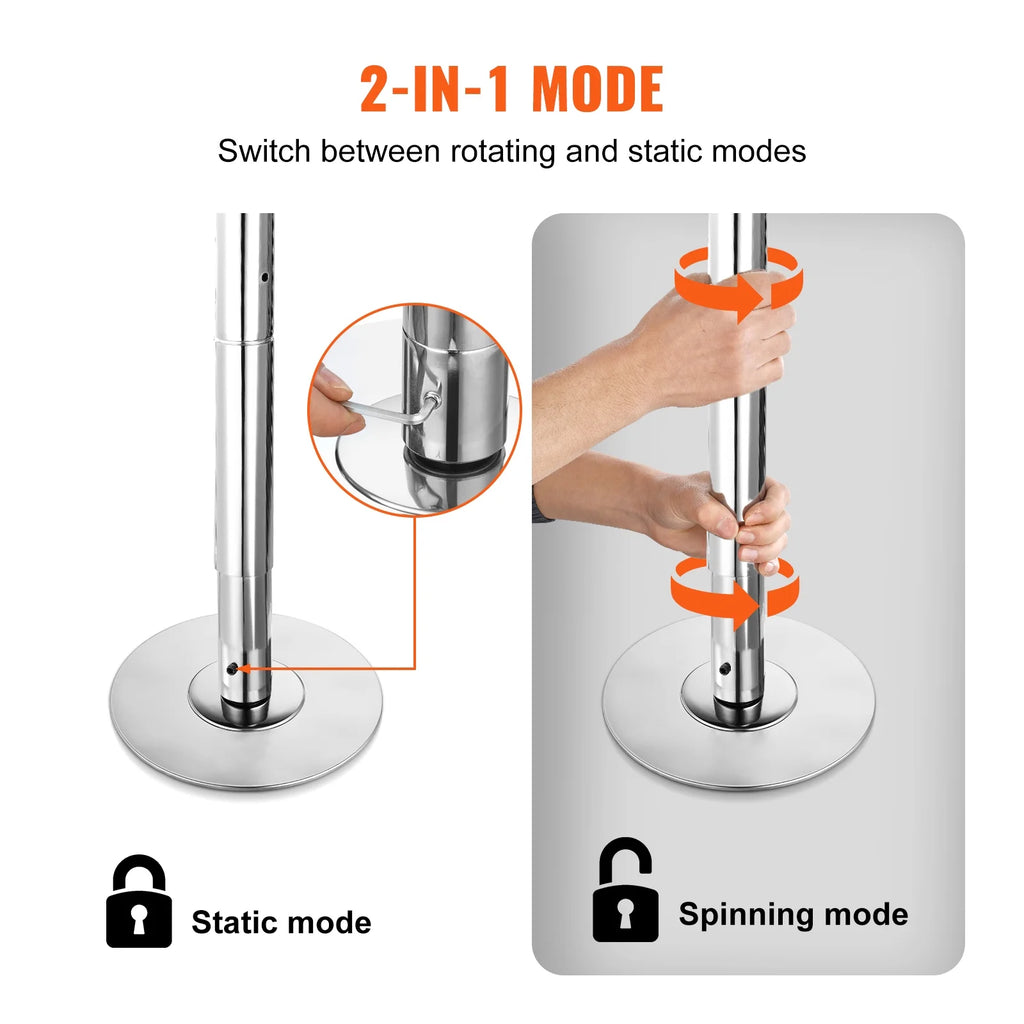 KFFKFF Expert Dance Pole, Rotating and Stationary Dance Pole Set, Detachable Portable Pole, 45mm Robust Stainless Steel Pole, Fitness Pole with Adjustable Height, Suitable for Workout Home, Silver
