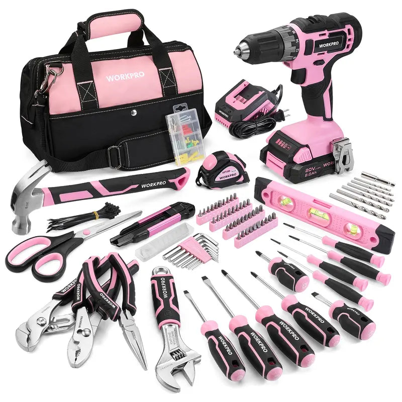 WORKPRO 157-Piece Household Tool Kit with 20V Cordless Drill Driver â€?Pink Ribbon Edition