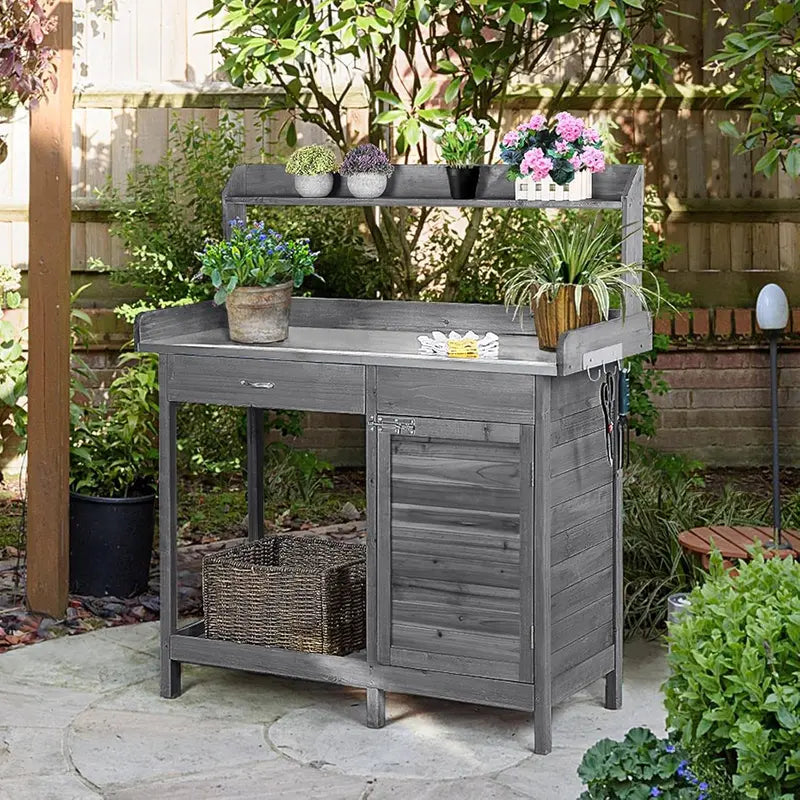 Yaheetech Garden Potting Bench â€?Outdoor Work Table with Metal Frame, Cabinet & Pull-Out Drawer