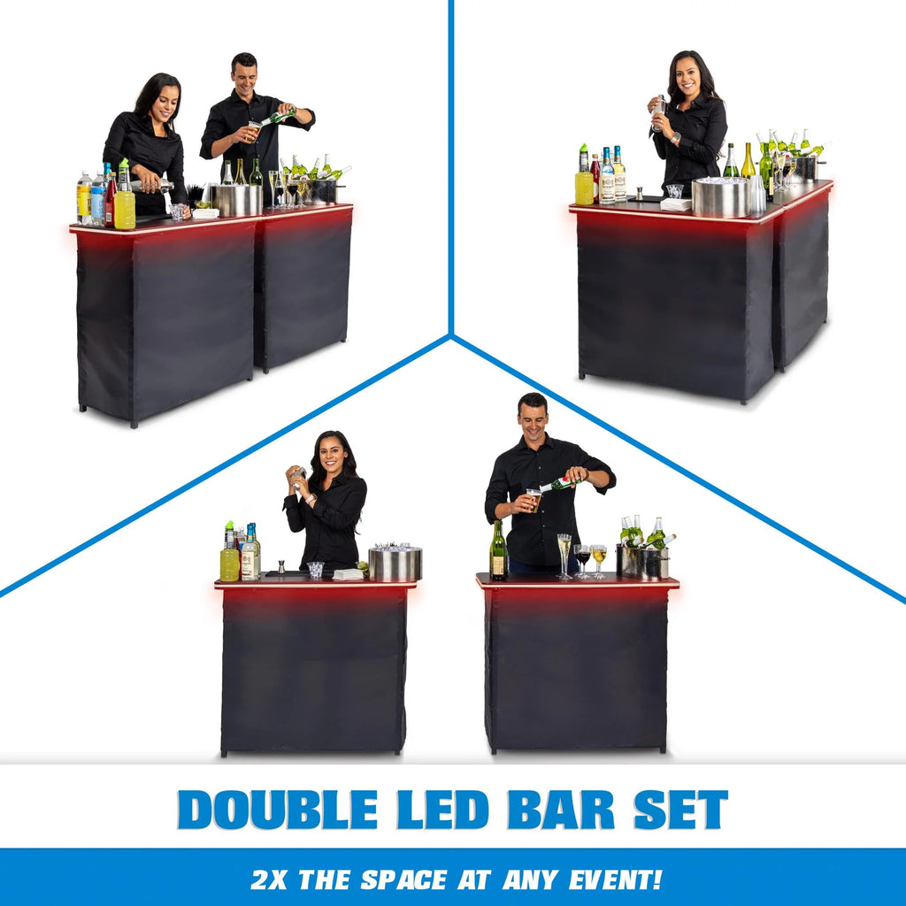 Gobar Portable Double Bar Table Set with Multi - Color LED Lights - Mobile Bartender Station for Events - Includes Carrying Case