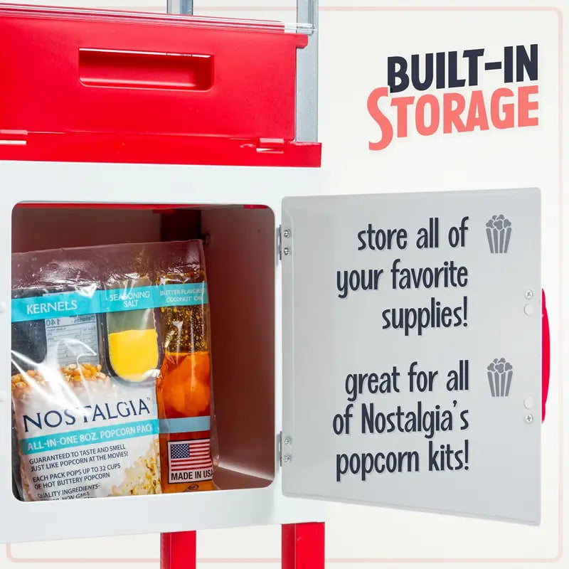 Vintage-Style Popcorn Cart â€?Professional 2.5-Oz Kettle Machine Makes Up to 10 Cups, Theater-Inspired Red & White Design
