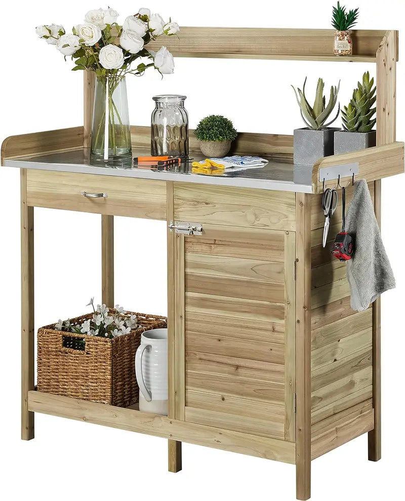 Yaheetech Garden Potting Bench â€?Outdoor Work Table with Metal Frame, Cabinet & Pull-Out Drawer
