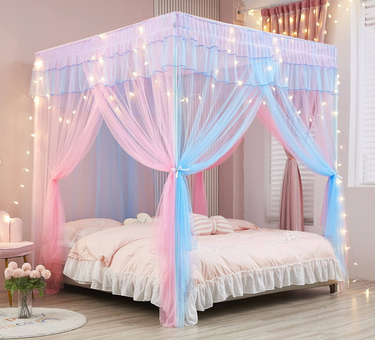 Mengersi Rainbow Canopy Bed Curtains with Lights - Princess Bed Canopy for Girls - Bed Drapes Netting- Bedroom Decoration Accessories King