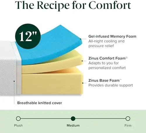 ZINUS 12â€?Green Tea Cooling Gel Memory Foam Mattress, King, Medium Firm, Fiberglass-Free, Certified Safe, Mattress in a Box