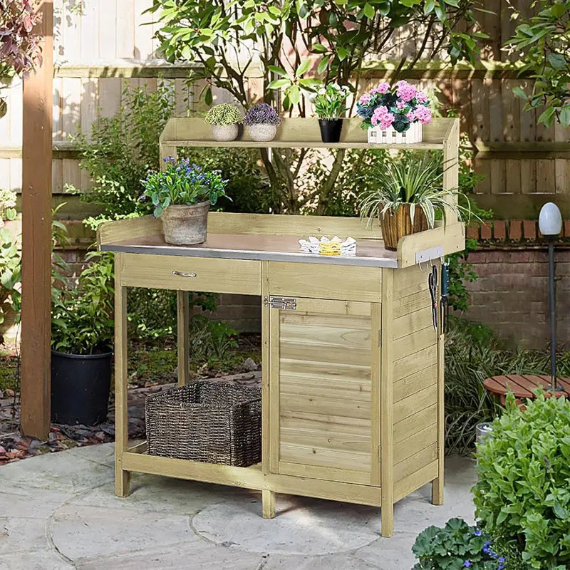 Yaheetech Garden Potting Bench â€?Outdoor Work Table with Metal Frame, Cabinet & Pull-Out Drawer