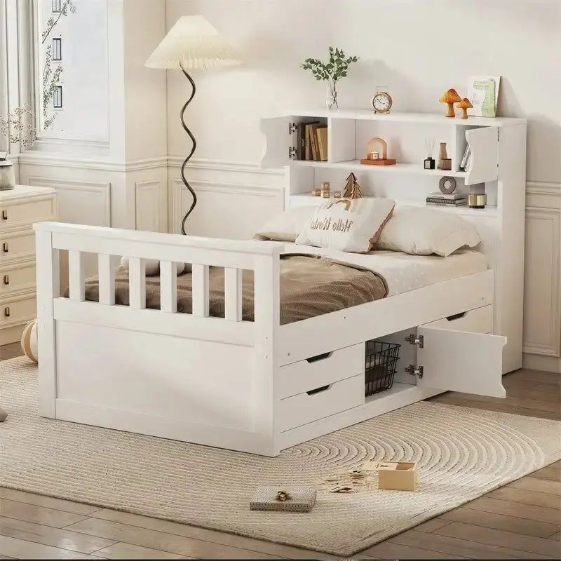 Twin/Full Captain Platform Bed â€?Solid Wood Frame with Integrated Storage: Four Drawers + Bookcase-Style Headboard with Shelves