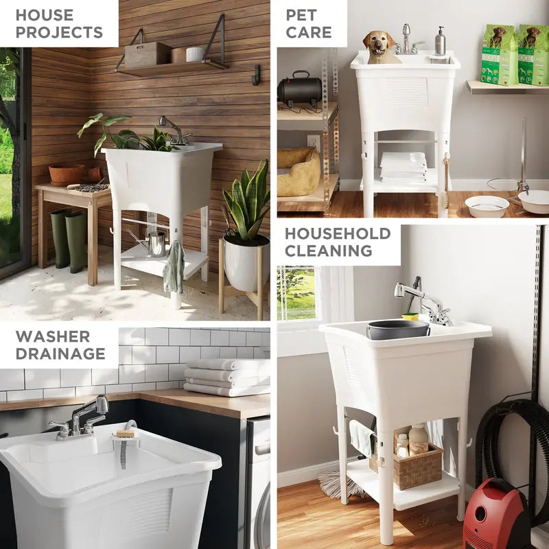 Zenna Home Ergo Tub Utility Sink with Pull-Out Faucet: Laundry Tub with 24â€?W x 24â€?H Sink, in White