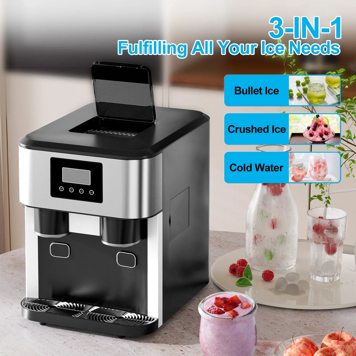 TABU 3 in 1 Ice Maker with Water Dispenser, 40 lb/24H, Ice Machine with Ice Crushing, Self Cleaning, Black