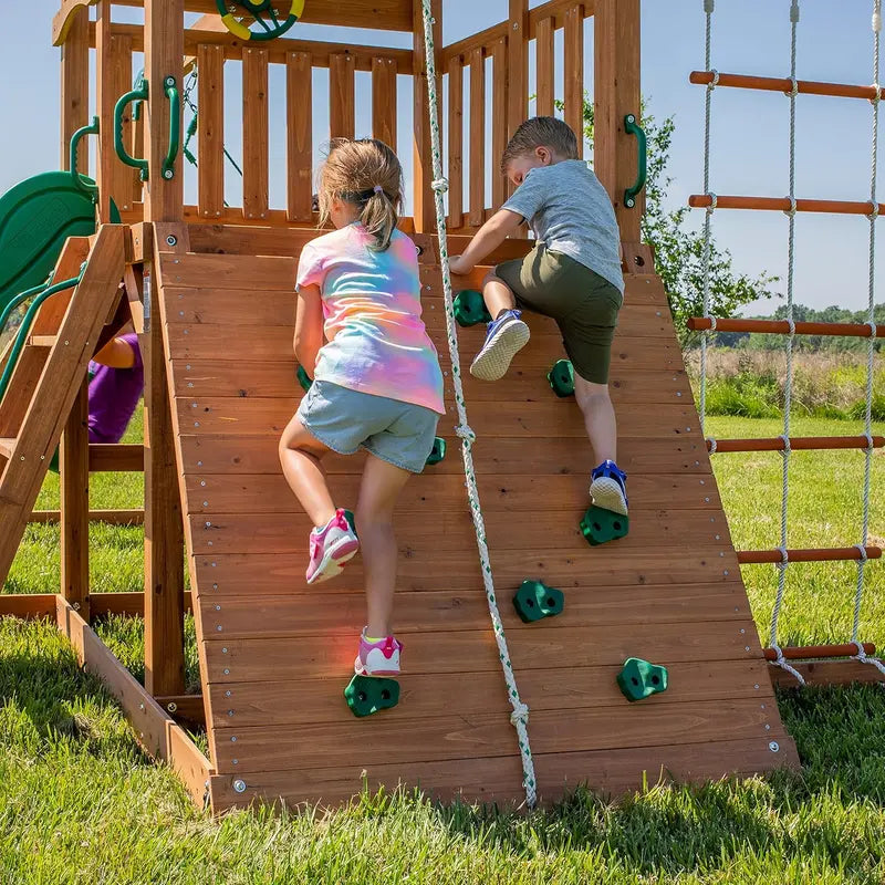 Wooden Mountain-Style Outdoor Swing Set â€?Includes Wave Slide, Rope & Net Swings, Climbing Wall & Canopy