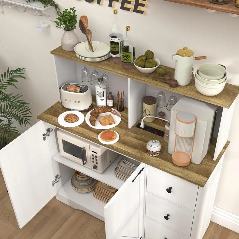 White Farmhouse Coffee Bar Buffet â€?Dual-Door Cabinet with Power Outlets, Glass Holder & 3 Drawers