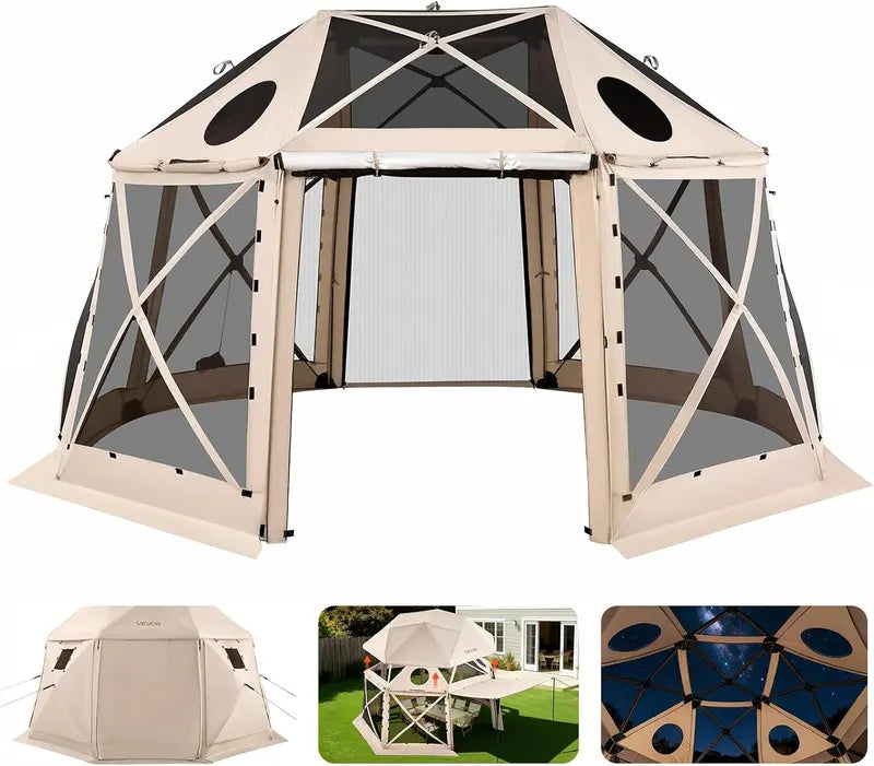 VEVOR 12×12 ft Hexagonal Pop-Up Canopy Shelter with Ventilated Mesh Windows and Compact Carry Bag