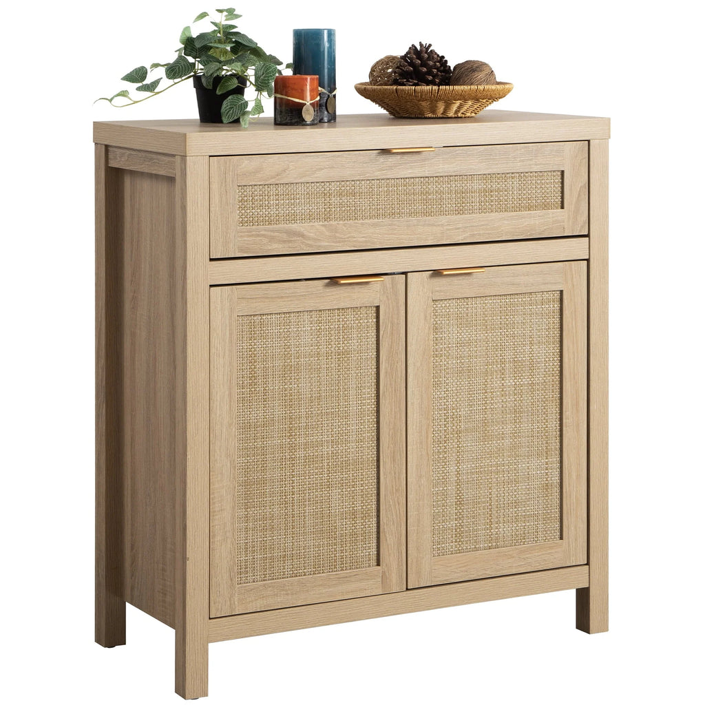 Nopurs Rattan Sideboard Buffet Cabinet, Boho Storage Cabinet Buffet Table with Doors and Drawer, Coffee Bar Cabinet for Kitchen Entryway Living Dining Room, Light Oak