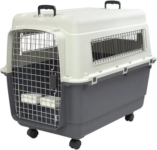 SportPet Designs Rolling Travel Dog Crate â€?Airline-Approved Plastic Kennel with Wire Door, XXX-Large Size, Gray