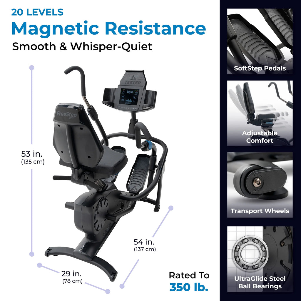 Freestep LT7 Recumbent Cross Trainer Stepper - Zero - Impact Exercise W/Patented Physical Therapy Stride Technology; LCD Console W/21 Programs, Bluetooth HRM Compatible; Free App W/Trainer - LED Workouts