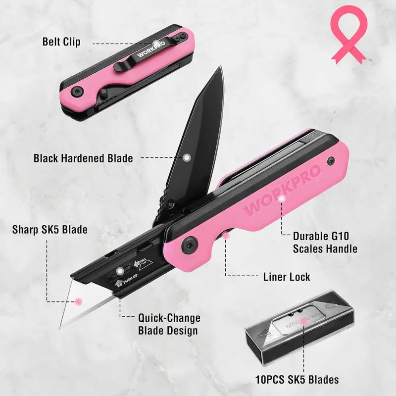WORKPRO 2-in-1 Folding Utility Knife â€?Quick-Change Box Cutter with G10 Handle & 10 Blades