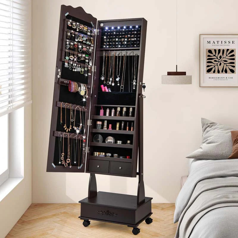 Standing Jewelry Armoire with Full-Length Mirror, Drawers, Lights & Wheels, Lockable Mirror Jewelry Cabinet Storage Organizer