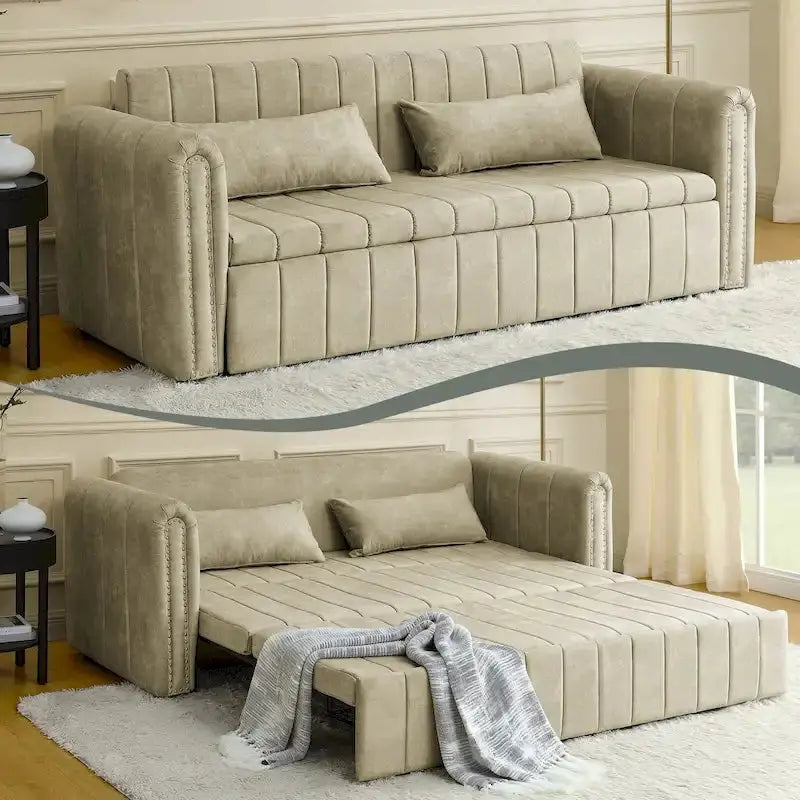Velvet Upholstered Lounge Sleeper Sofa â€?Modern Rolled Arms with Decorative Copper Nailhead Trim