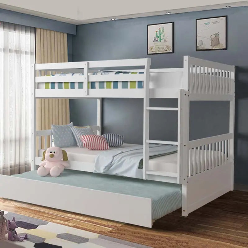 Solid Wood Full-Over-Full Bunk Bed with Trundle Drawer â€?Includes Safety Ladder, Guardrails & Convertible Design