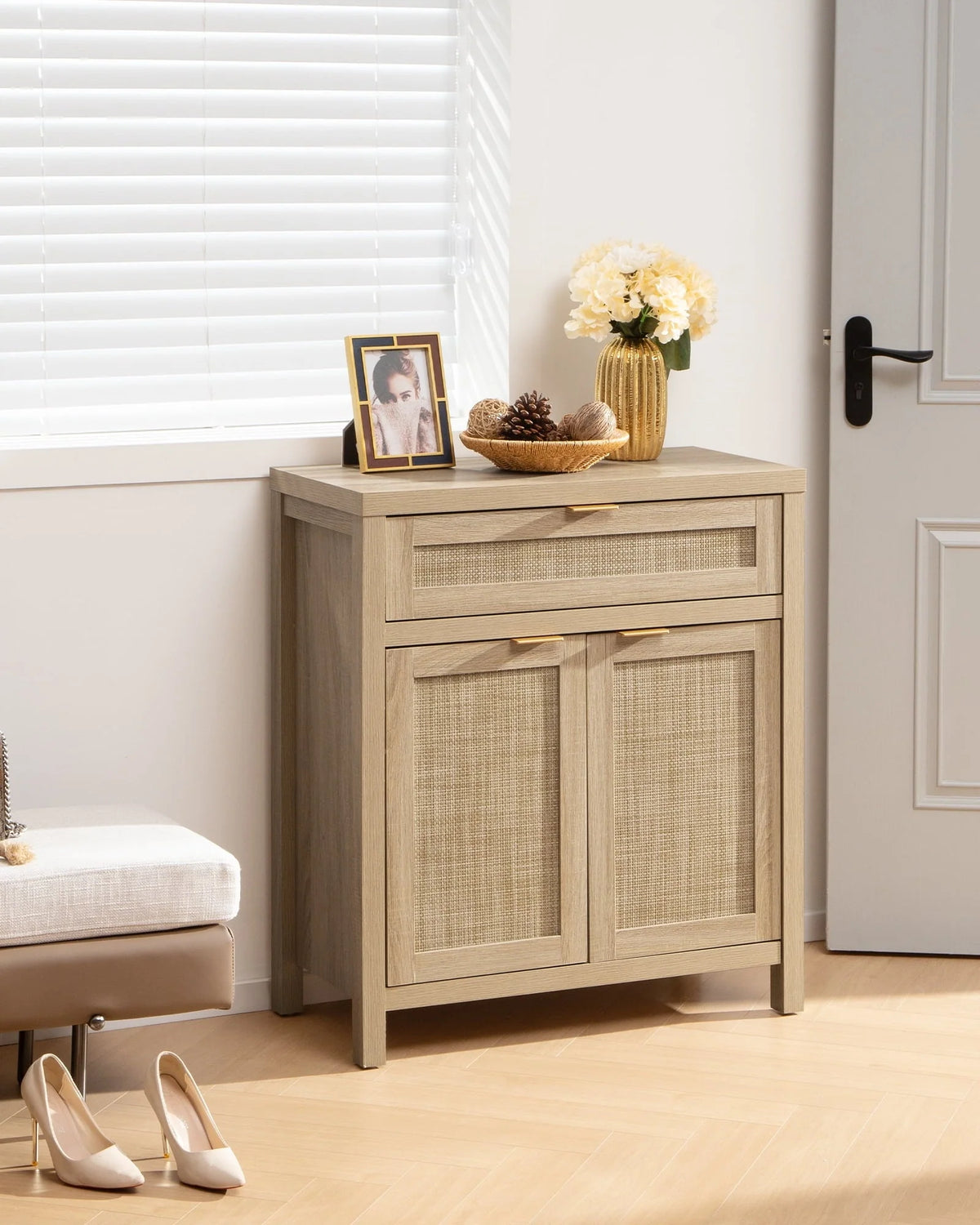 Nopurs Rattan Sideboard Buffet Cabinet, Boho Storage Cabinet Buffet Table with Doors and Drawer, Coffee Bar Cabinet for Kitchen Entryway Living Dining Room, Light Oak