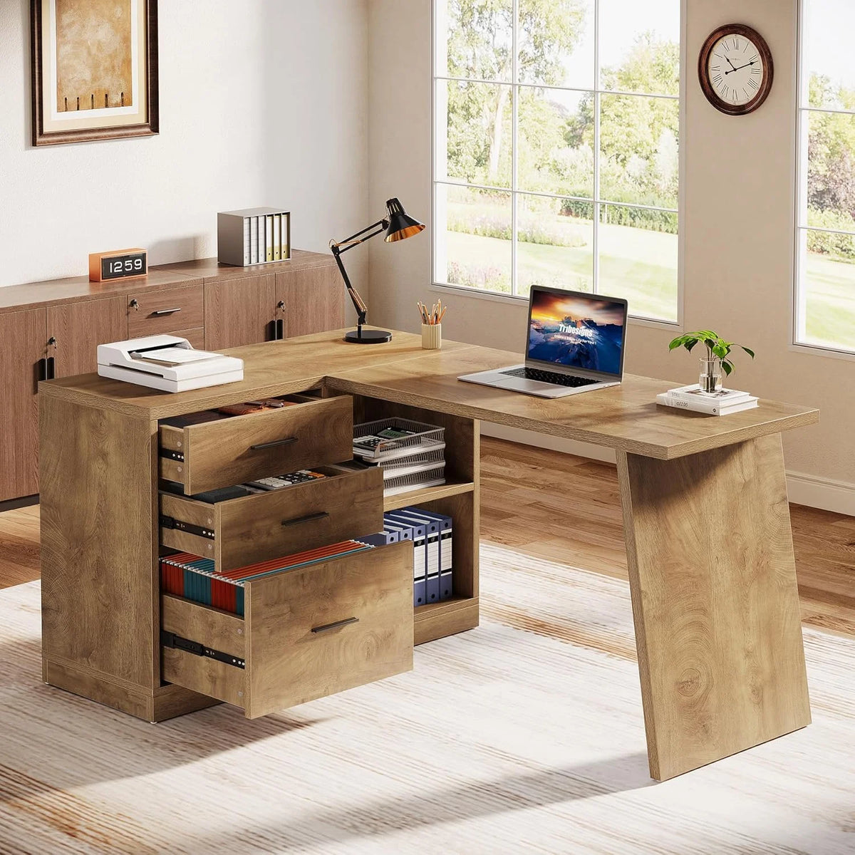 55 - Inch L Shaped Computer Desk with 3 Drawers, Corner Home Office Desk with Storage Shelves