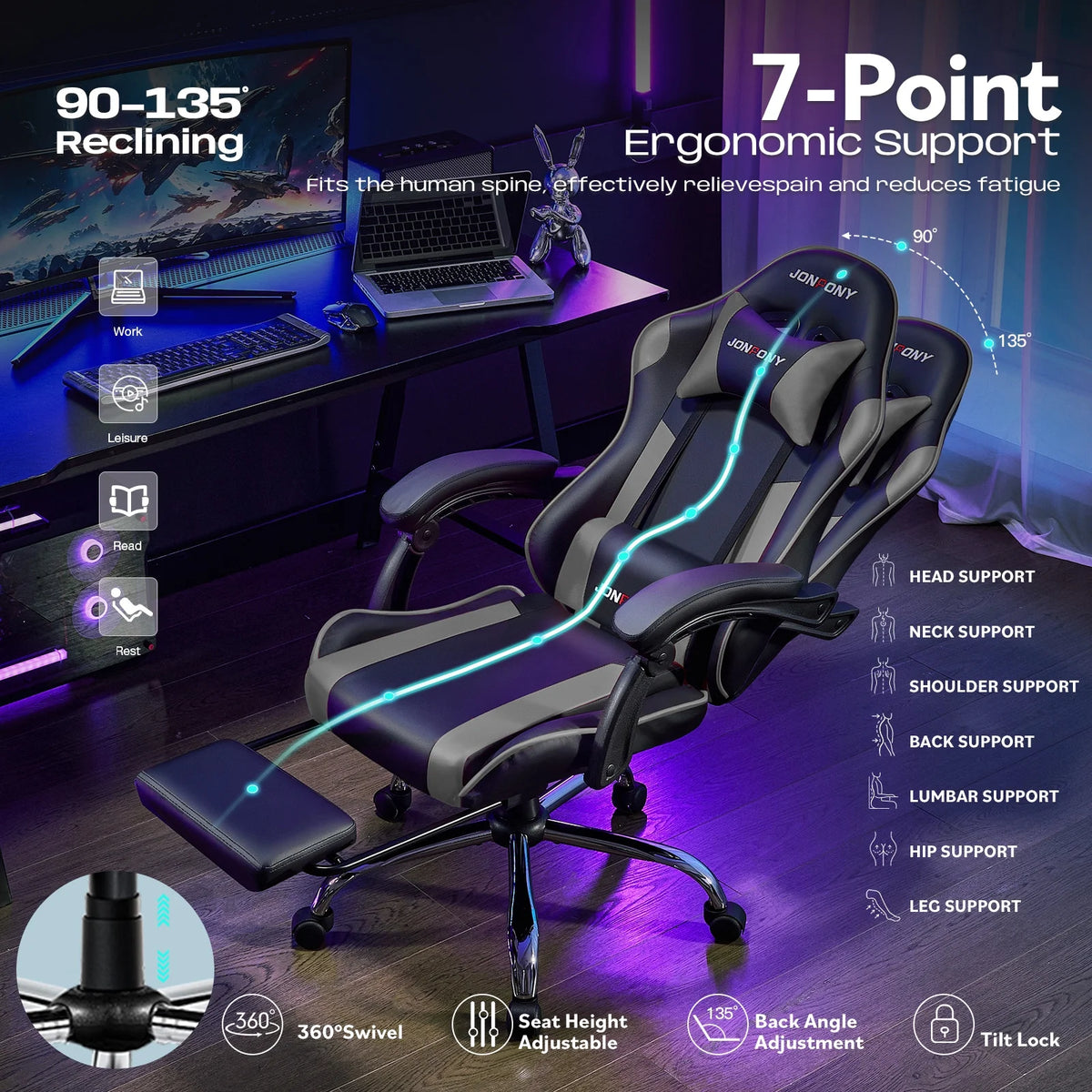 JONPONY Big and Tall Gaming Chair, Ergonomic Design, Gamer Chair PU Leather with Footrest and Lumbar Support, High Back Office Chair Support 8 Hours Long Sitting, Computer Chair, Black Grey