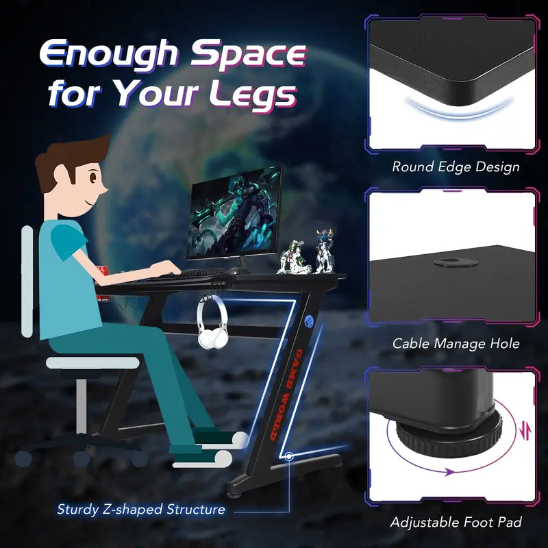 Z-Shaped Gaming Desk â€?45.5-Inch Racing-Style Desk with Carbon Fiber Surface and Integrated Mouse Pad