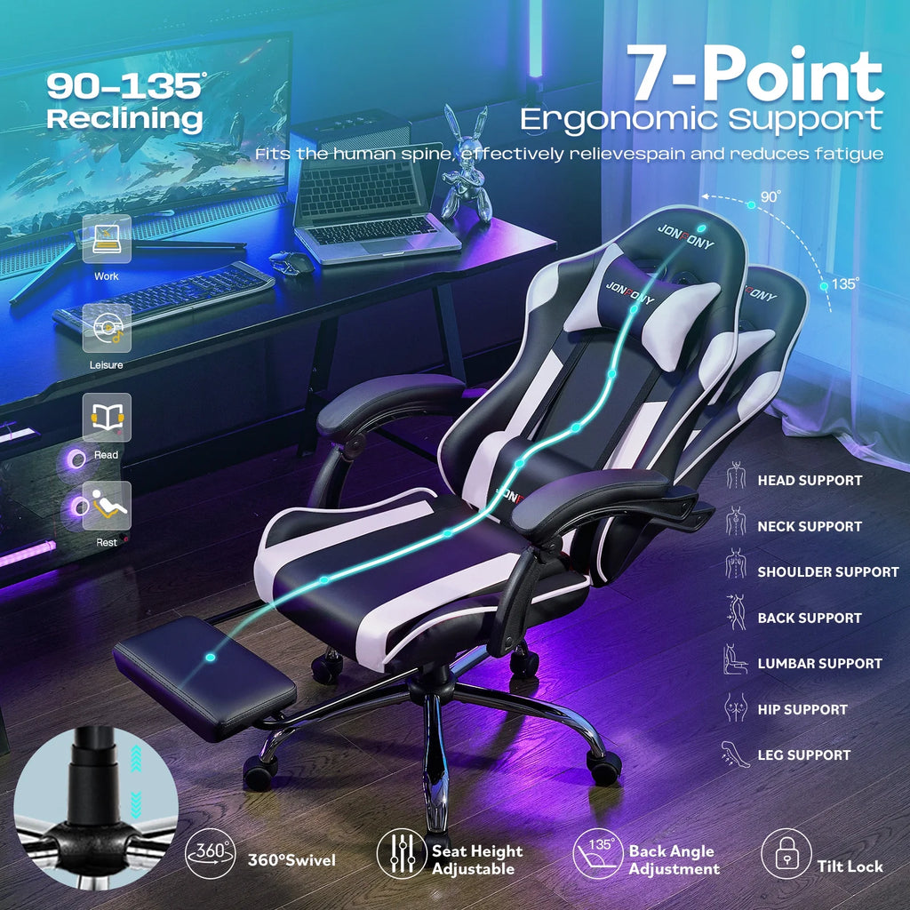 JONPONY Big and Tall Gaming Chair, Ergonomic Design, Gamer Chair PU Leather with Footrest and Lumbar Support, High Back Office Chair Support 8 Hours Long Sitting, Computer Chair, Black Grey