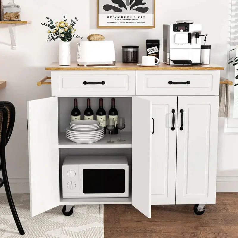 White Rolling Kitchen Island Cart with Storage â€?Wooden Countertop, 2 Drawers, 4 Cabinets, Towel Racks & Adjustable Shelves