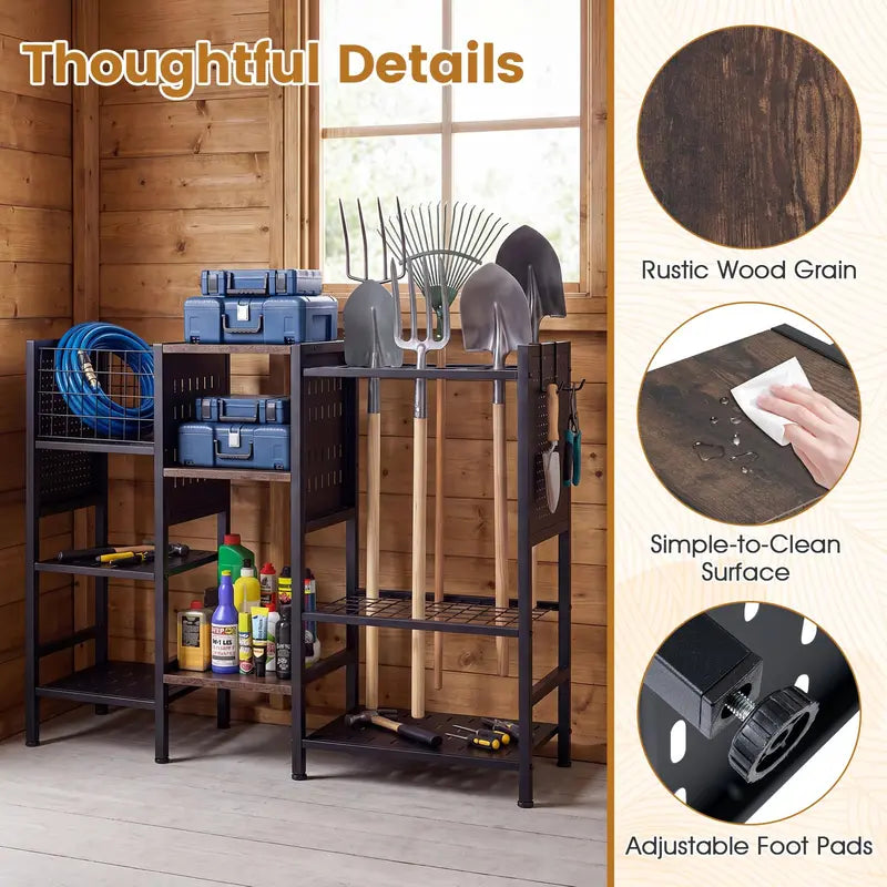 Three-Tier Garden Tool Organizer â€?40-Inch Wide Wall-Mounted Rack with Natural Wood Shelves